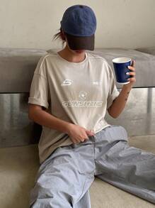 DAZY 字母图案落肩T恤 针织宽松T恤 学院风上衣 - 卡其色 - 查看 2