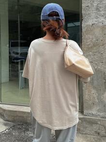 DAZY 字母图案落肩T恤 针织宽松T恤 学院风上衣 - 卡其色 - 查看 6