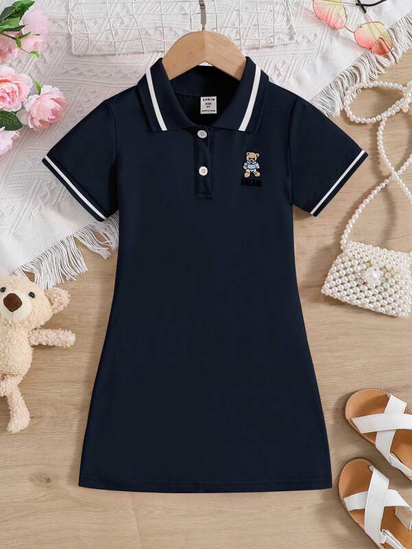 SHEIN Young Girl Bear Embroidery Contrast Trim Polo Neck Tee Dress