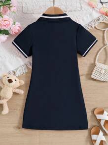 SHEIN 女小童小熊刺繡拼接邊Polo領T恤連衣裙 - 藏蓝色 - 查看 2