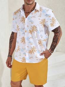 Manfinity RSRT Men Plus Size Vacation Tropical Print Shirt & Shorts - Yellow - View 1