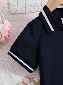 SHEIN 女小童小熊刺繡拼接邊Polo領T恤連衣裙 - 藏蓝色 - 查看 3