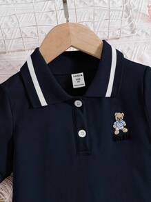 SHEIN 女小童小熊刺繡拼接邊Polo領T恤連衣裙 - 藏蓝色 - 查看 5