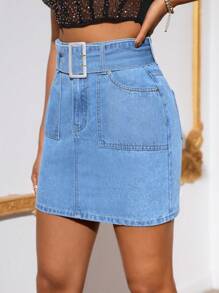 SHEIN 雙口袋腰帶牛仔半身裙 - 淺色水洗藍 - 查看 6