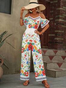 SHEIN VCAY Floral Print Cold Shoulder Wide Leg Jumpsuit - Multicolor - View 1