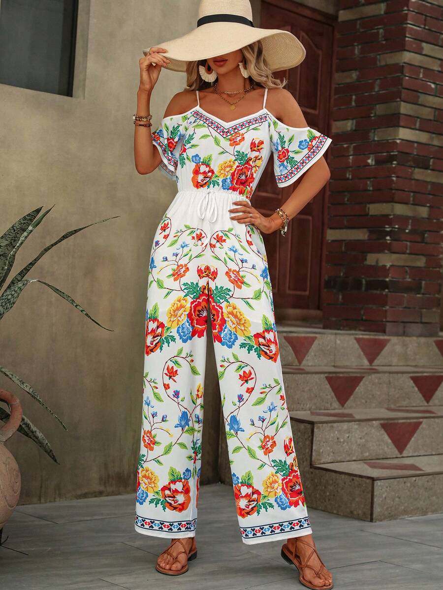 SHEIN VCAY Floral Print Cold Shoulder Wide Leg Jumpsuit - Multicolor - View 1