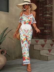 SHEIN VCAY Floral Print Cold Shoulder Wide Leg Jumpsuit - Multicolor - View 4
