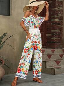 SHEIN VCAY Floral Print Cold Shoulder Wide Leg Jumpsuit - Multicolor - View 5