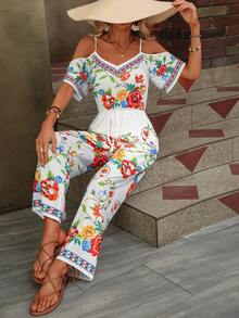 SHEIN VCAY Floral Print Cold Shoulder Wide Leg Jumpsuit - Multicolor - View 6