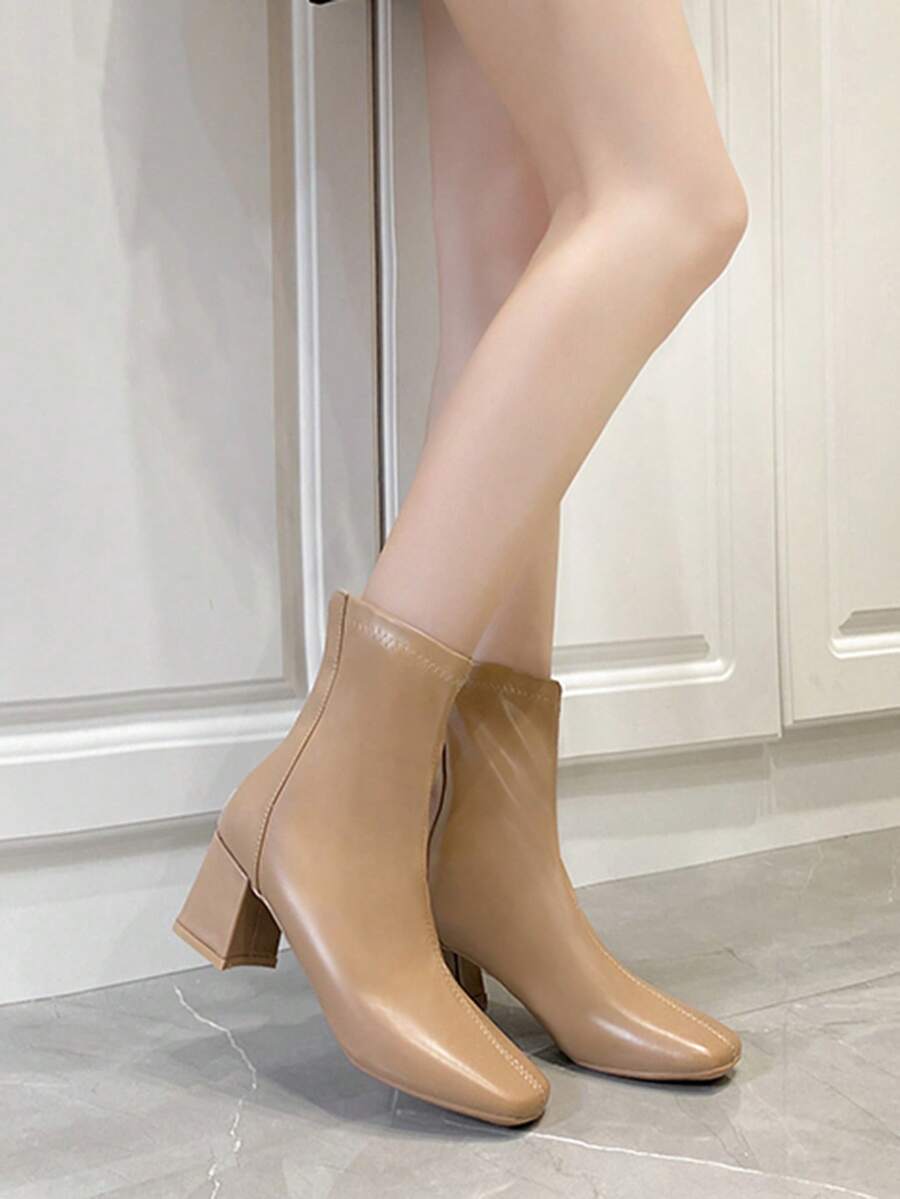 女性時尚&舒服的小腿中部靴子帶方頭&粗跟 - 卡其色 - 查看 1