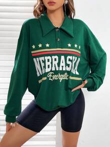 SHEIN EZwear Letter Graphic Polo Neck Drop Shoulder Sweatshirt - Green - View 5