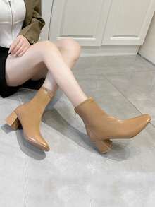 女性時尚&舒服的小腿中部靴子帶方頭&粗跟 - 卡其色 - 查看 2