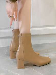 女性時尚&舒服的小腿中部靴子帶方頭&粗跟 - 卡其色 - 查看 6