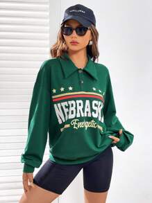 SHEIN EZwear Letter Graphic Polo Neck Drop Shoulder Sweatshirt - Green - View 3