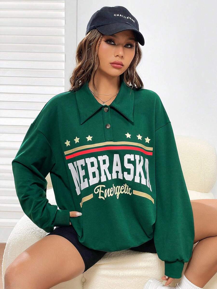 SHEIN EZwear Letter Graphic Polo Neck Drop Shoulder Sweatshirt - Green - View 1