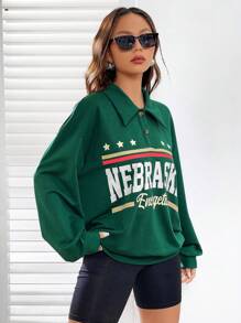 SHEIN EZwear Letter Graphic Polo Neck Drop Shoulder Sweatshirt - Green - View 6