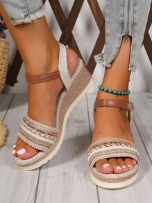 Damskie letnie sandały na platformie z grubym dnem, buty na wysokim obcasie z odkrytym palcem w stylu retro, w stylu boho - Wielokolorowe - Zobacz 4