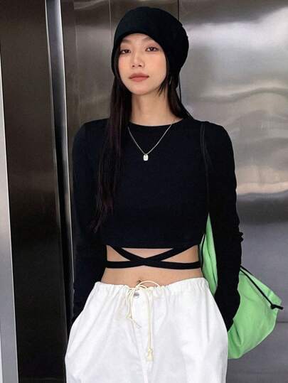 DAZY 纯色十字交叉系带短款 T 恤，秋季服装长袖女式上衣