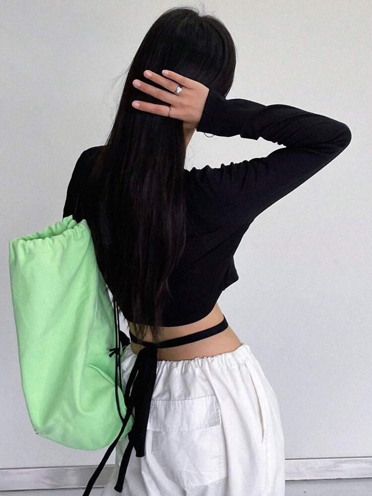 Solid Criss Cross Tie Back Crop Tee,Fall Clothes Long Sleeve Women Tops