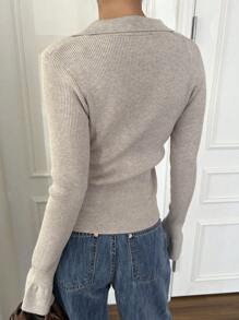 DAZY 素色條紋針織套頭毛衣 - 杏色 - 查看 2