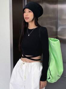 纯色十字交叉系带短款 T 恤，秋季服装长袖女式上衣 - 黑色 - 查看 4