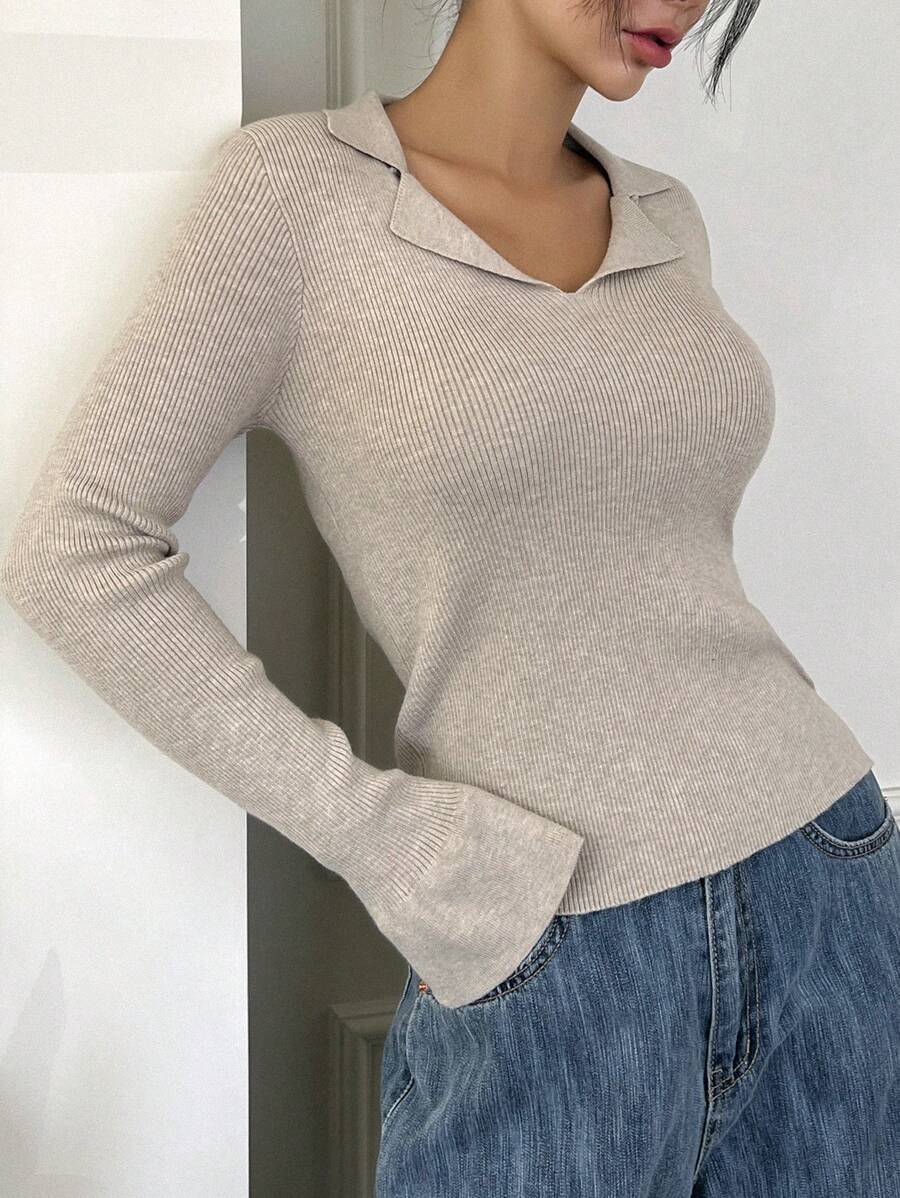 DAZY 素色條紋針織套頭毛衣 - 杏色 - 查看 1