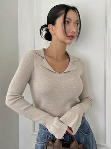 DAZY 素色條紋針織套頭毛衣 - 杏色 - 查看 4