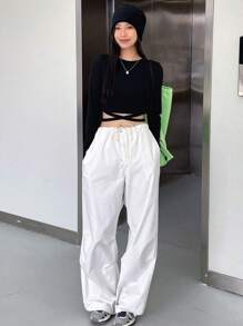纯色十字交叉系带短款 T 恤，秋季服装长袖女式上衣 - 黑色 - 查看 7