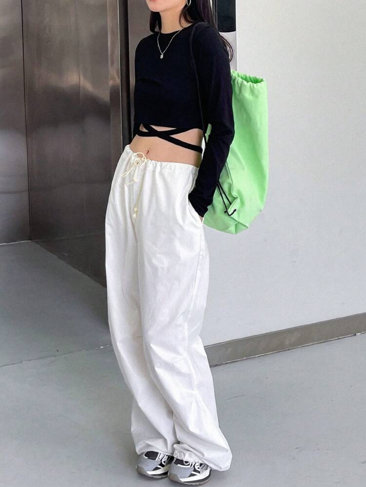 Solid Criss Cross Tie Back Crop Tee,Fall Clothes Long Sleeve Women Tops