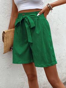 SHEIN LUNE Chất rắn Túi nghiêng Quần Short có thắt lưng - Màu xanh lá cây đậm - Xem 4