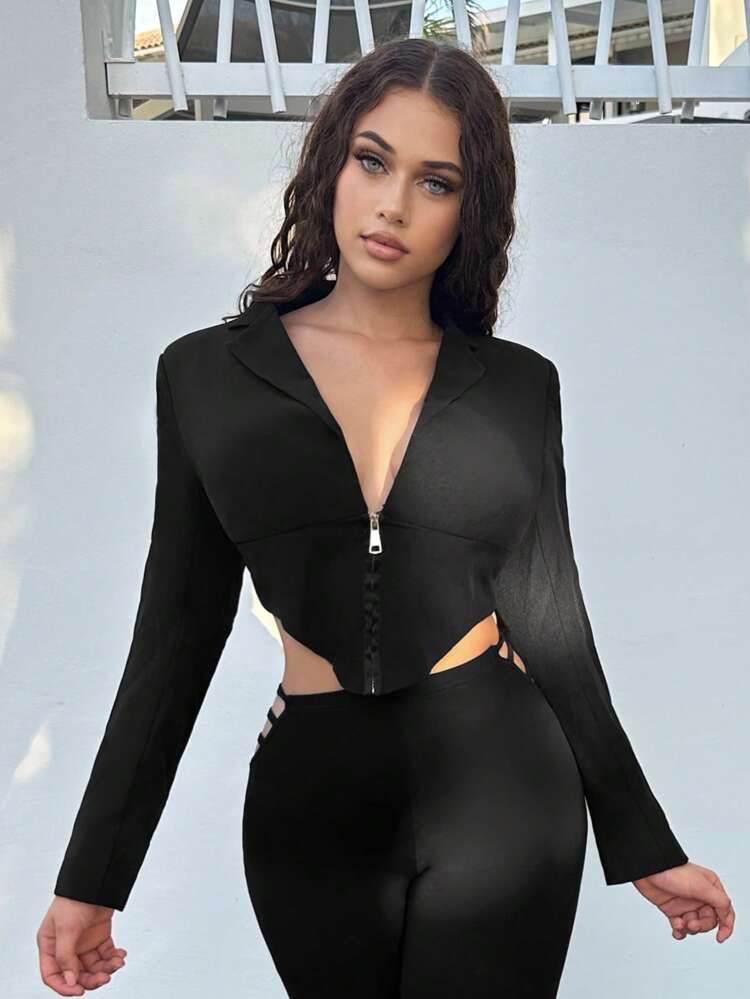 Zip Front Asymmetrical Hem Crop Blazer
