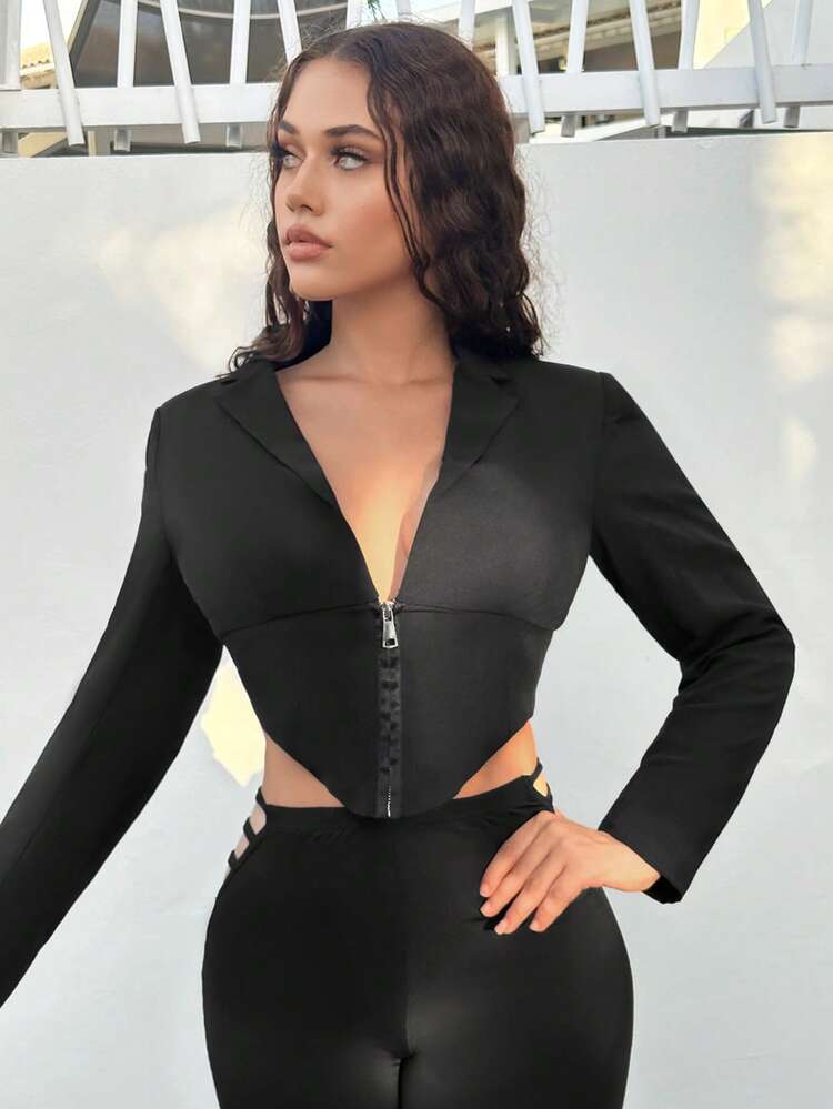 Zip Front Asymmetrical Hem Crop Blazer