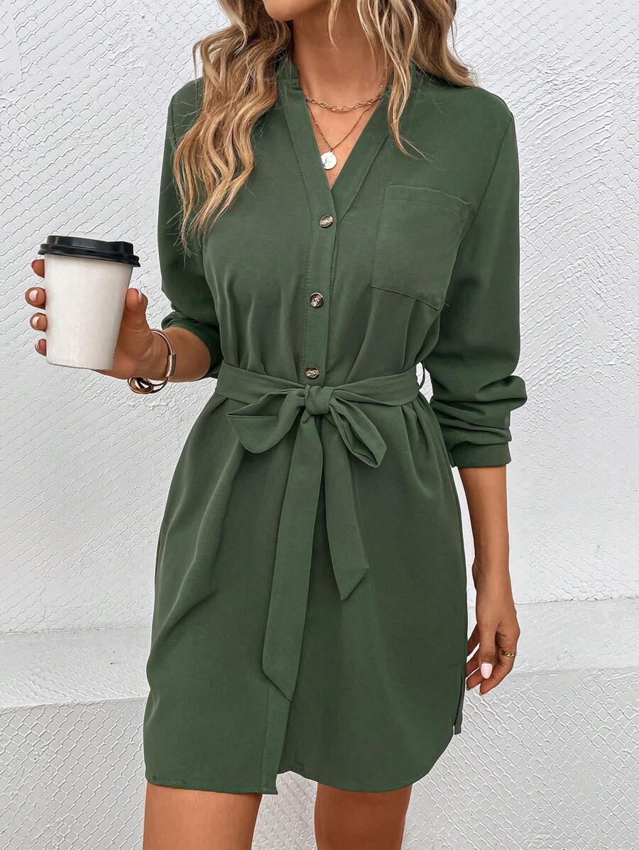 SHEIN LUNE Solid Button Front Belted Shirt Dress Fall Cloth For Women - Army Green - View 1