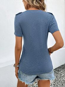 SHEIN LUNE Half Button Flap Pocket Tee - Blue - View 2