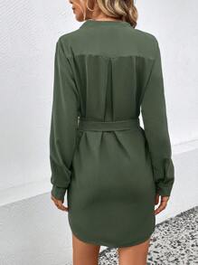 SHEIN LUNE Solid Button Front Belted Shirt Dress Fall Cloth For Women - Army Green - View 2