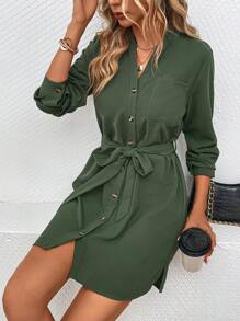 SHEIN LUNE Solid Button Front Belted Shirt Dress Fall Cloth For Women - Army Green - View 3