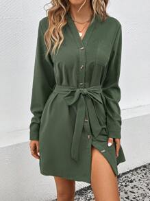 SHEIN LUNE Solid Button Front Belted Shirt Dress Fall Cloth For Women - Army Green - View 6