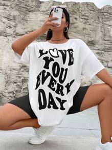 Flirla Plus Slogan Graphic Drop Shoulder Tee & Biker Shorts - Black and White - View 1