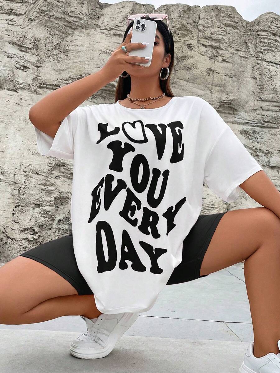 Flirla Plus Slogan Graphic Drop Shoulder Tee & Biker Shorts - Black and White - View 1