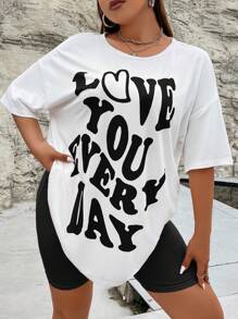 Flirla Plus Slogan Graphic Drop Shoulder Tee & Biker Shorts - Black and White - View 3