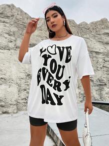 Flirla Plus Slogan Graphic Drop Shoulder Tee & Biker Shorts - Black and White - View 5