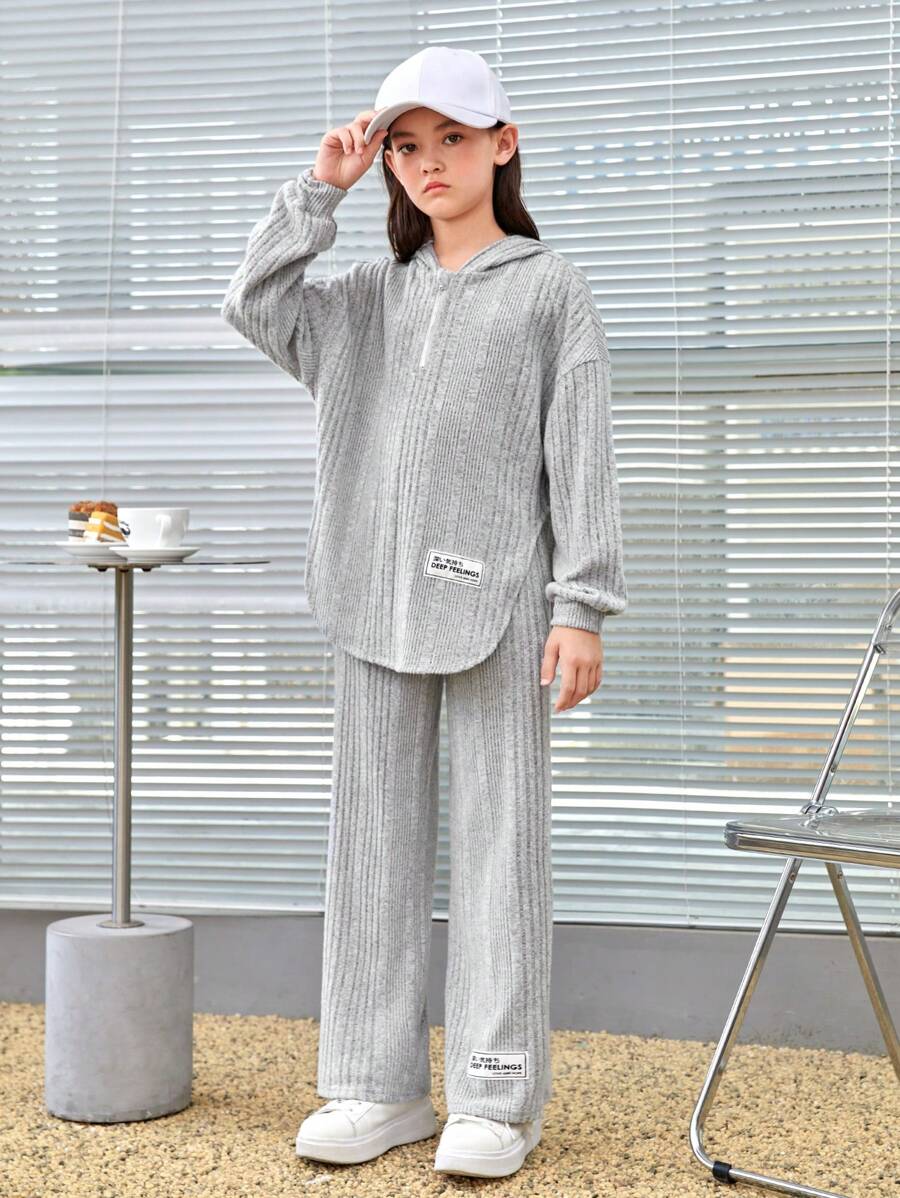 SHEIN Tween Girl Letter Patched Drop Shoulder Hoodie & Joggers - Light Grey - View 1