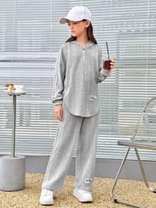 SHEIN Tween Girl Letter Patched Drop Shoulder Hoodie & Joggers - Light Grey - View 3