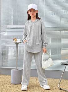 SHEIN Tween Girl Letter Patched Drop Shoulder Hoodie & Joggers - Light Grey - View 5