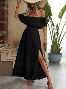 SHEIN VCAY Off Shoulder Ruffle Trim Split Thigh Dress - Black - View 1