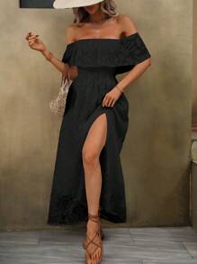 SHEIN VCAY Off Shoulder Ruffle Trim Split Thigh Dress - Black - View 5