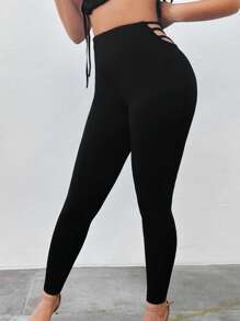 SHEIN SXY 側邊十字交叉緊身打底褲 - 黑色 - 查看 1