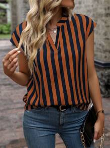 SHEIN Clasi Striped Print Notched Neckline Batwing Sleeve Blouse - Multicolor - View 6