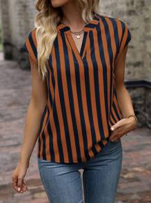 SHEIN Clasi Striped Print Notched Neckline Batwing Sleeve Blouse - Multicolor - View 7