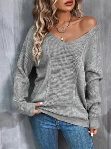 SHEIN LUNE Solid Drop Shoulder Sweater - Grey - View 2